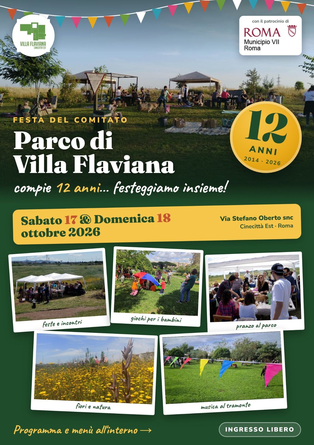 Locandina: il Parco di Villa Flaviana compie 12 anni, festa il 17 e 18 ottobre 2026