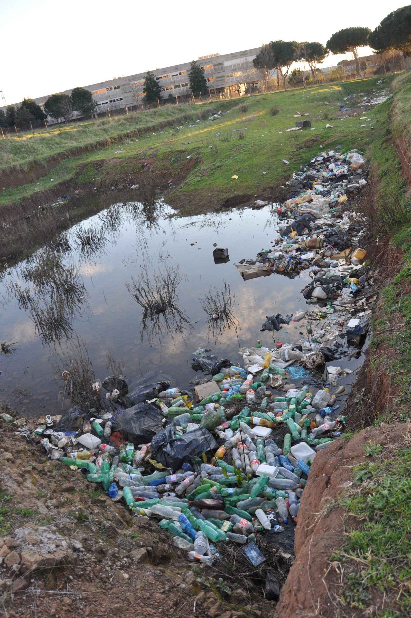 Acqua stagnante invasa da rifiuti e bottiglie di plastica prima dell'intervento